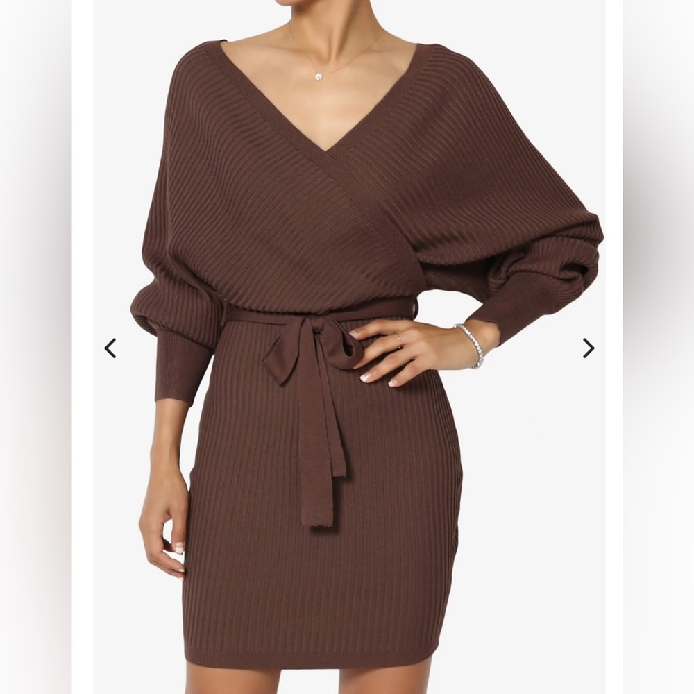 (118)- NWOT-Mauve Ribbed Knit Off Shoulder Belted Sweater Dress💅🏽 M Stretch